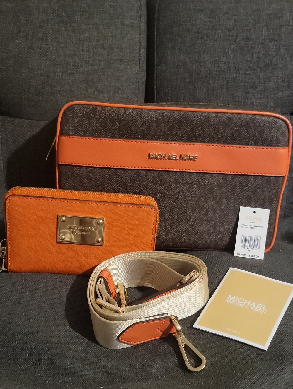 Michael Kors Brown MK Logo Crossbody with Orange Trim and Wallet